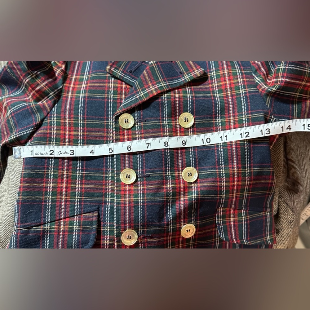 Vintage Whimsey Boys Plaid Pea Coat Double Breasted Navy Red Size 5 Wool Look - Picture 6 of 9